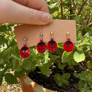 May include: Red and black ladybug earrings with silver and gold-coloured hardware. The earrings are displayed on a brown card, with green foliage in the background. The ladybug earrings are a fun and whimsical accessory.