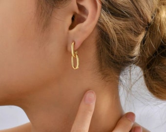 Élégance intemporelle : boucles d'oreilles chaîne ovales géométriques en or vintage - Piercing minimaliste pour femme / Meilleur cadeau pour elle