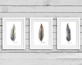 Trail Feathers - Trio set of original watercolor paintings - boho art - art grouping