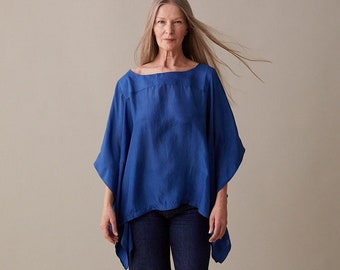 Natuurlijke Indigo, zijden blouse met wijde armen