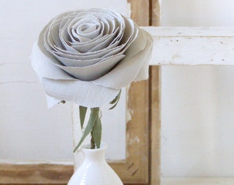 Rosa de tela de lino del 12º aniversario en gris claro, regalo para ella, esposa, marido, regalo para pareja, amigo, familia. Jarrón no incluido, tienda del Reino Unido