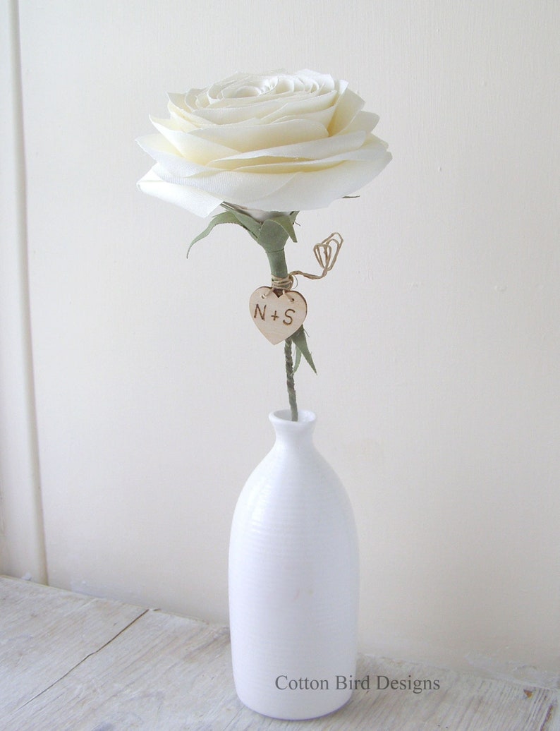 Personalised Second Wedding Anniversary Long Stem Cream Rose Sculpture, Cotton Anniversary Gift Wife, Husband, Vase not included, UK Shop image 1