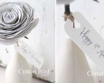 4th Anniversary Vintage Grey Linen Rose With 'Happy 4th Anniversary' Tag, Gift for Her, Wife, Girlfriend, Gift For Couple -Vase not included