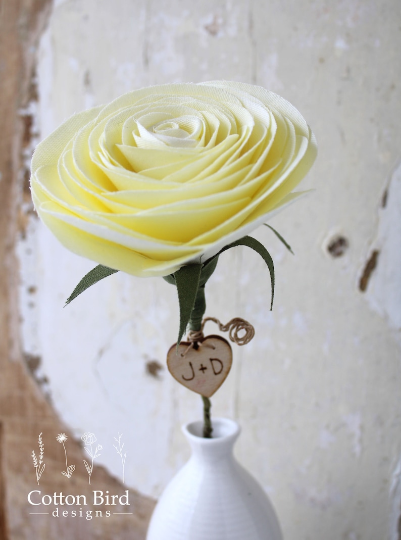 Personalised Second Wedding Anniversary Long Stem Rose Sculpture, Cotton Anniversary Gift Wife, Husband, Vase not included, UK Shop Yellow