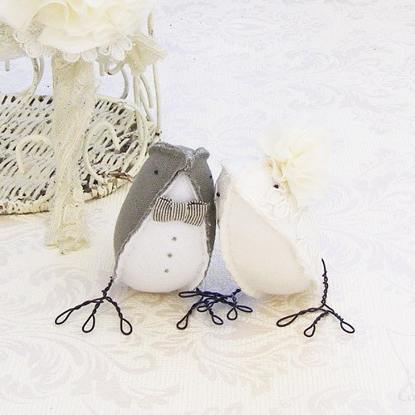 Wedding Cake Topper Love Birds Fabric Birds - Mid Grey - Ivory - Alencon Lace