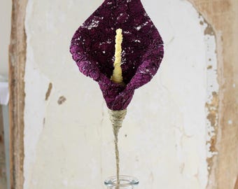 13th Anniversary Gift for Wife, Husband, Couple Long Stem Lace Lily, Art Collectable 3d Sculpture Flower,  Plum. Vase not included