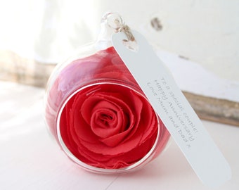 2nd Anniversary Cotton Red Rose in Glass Globe, Anniversary Gift for Wife, Husband, Couple, Mothers Day,Friend, Family, UK Shop