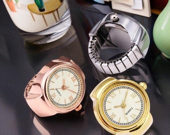 Vintage Disc Ring Watch, Alloy Couple Watch, Adjustable Elastic Ring,Unique Clock Watch Ring,Mini Ring Watch,Special Jewelry,Friendship Gift