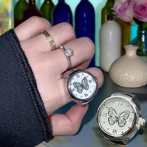 Mini Butterfly Ring Watch, Disc Watch, Adjustable Ring Watch, Practical Mini Clock, Y2k Ring, Vintage Watch Ring, Friendship Gift