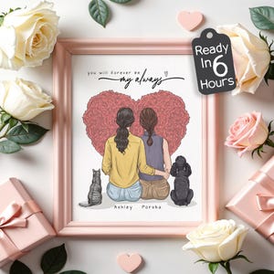 Custom LGBTQ Couple Portrait - Lesbian Sister Gift, Pet Memorial Drawing, Sisterhood Love Illustration, Romantic Anniversary Digital Print