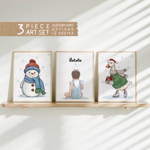 Custom Kids Portrait Set of 3 - Snowman, Goose, Child Poster - Winter Nursery Decor, Holiday Wall Art, First Christmas Gift for Grandchild