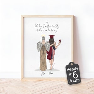 Puede incluir: Una ilustración de graduación de una mujer con toga y birrete con un ángel detrás de ella. El texto dice "You know I would be here today if heaven wasn't so far away." y "Mom Hope".