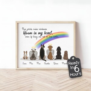 Custom Pet & Dog Memorial Rainbow Bridge Print - Dog or Cat Loss Wall Art - Pet Remembrance Christmas Gift with Names - Angel Wings Quote