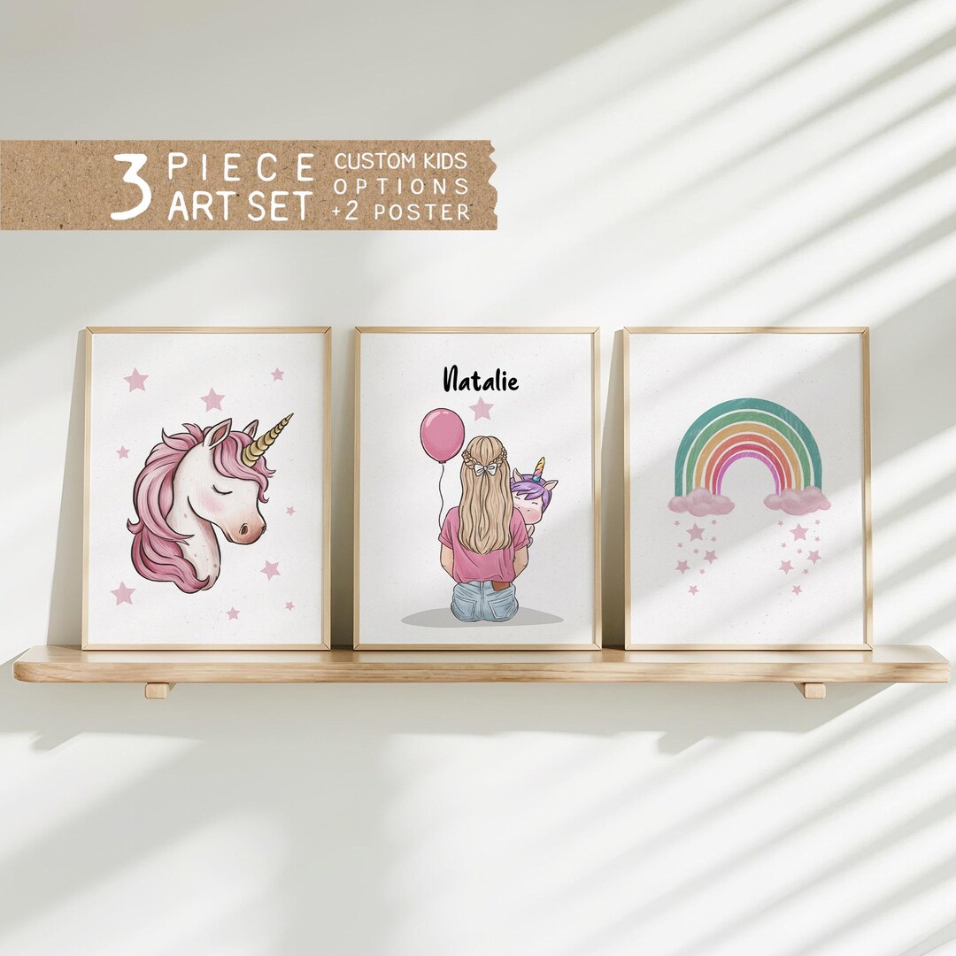 Personalized Kids Wall Art Set With Unicorn, Rainbow & Custom Portrait ...