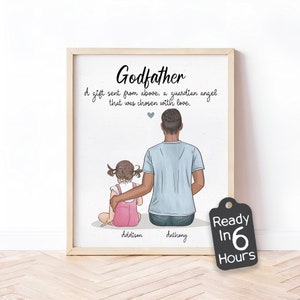 Custom Godfather Gift - Personalized Godparent Print, Godfather and Child Illustration, Baptism Gift from Goddaughter, Christening Gift Art