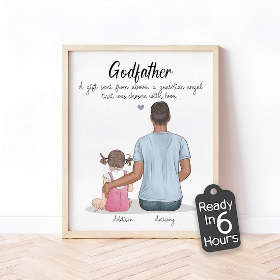 Custom Godfather Gift - Personalized Godparent Print, Godfather and Child Illustration, Baptism Gift from Goddaughter, Christening Gift Art