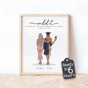 Mother and Daughter Graduation Art | Custom Class of 2024 Graduation Keepsake | Personalized Graduate Portrait with Mom | Family Wall Decor