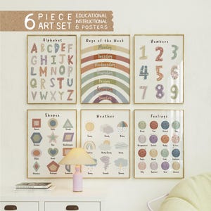 Juego de arte de pared educativo para niños, paquete de 6 pósteres de aprendizaje para niños pequeños, alfabeto, números, formas, días de la semana, sentimientos, clima, decoración de guardería
