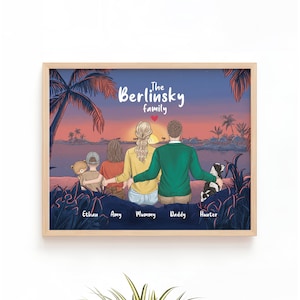 Custom Family Portrait with Pets – Couple Sunset Illustration, Unique Grandparents Gift, Christmas Wall Art, New Home Gift, Minimalist Print