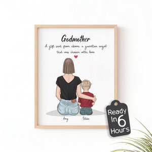 Regalo personalizado de madrina - Ilustración personalizada del ángel guardián - Impresión única de arte para el día de la madre, cumpleaños y Navidad de ahijada