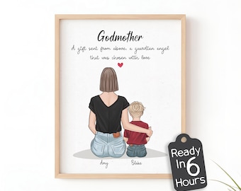 May include: A framed illustration of a woman and a child sitting back to back. The woman has brown hair and is wearing a black shirt and blue jeans. The child has blonde hair and is wearing a red shirt and blue jeans. The text "Godmother" is at the top of the frame, and the text "A gift sent from above, a guardian angel that was chosen with love" is below the image. The names "Amy" and "Blake" are written below the figures.