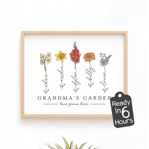 Kundenspezifische Omas Garten-Geburts-Blumen-Familien-Kunst | Personalisiertes Nana’s Garten-Andenken Geschenk | Großmutters Blumenwandkunst mit Familiennamen