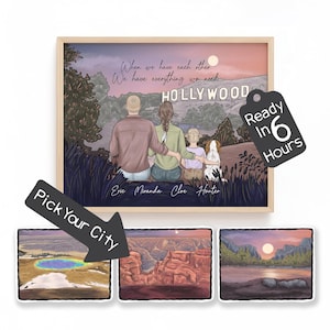 Custom Family Illustration with Hollywood Sign | Personalized Couple & Cityscape Artwork, Los Angeles Landmark | Scenic LA Hills Travel Gift