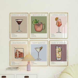 Juego de 6 cuadros decorativos de pared con recetas de cócteles personalizados: carteles de bebidas modernas para el bar del hogar, la decoración de la cocina, obras de arte para el comedor, impresiones únicas de bebidas mixtas