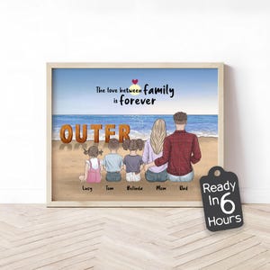 Personalized Outer Beach Family Portrait with Pets | Custom Coastal Art | Vacation Memory Illustration | Wall Decor for Home Gift