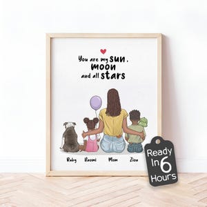 Personalized Mom Kids Print | Wall Art for Shared Room or Nursery Decor | Custom Siblings Portrait | Christmas, Birthday & Anniversary Gift