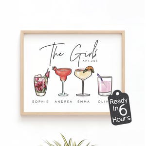 Impresión artística personalizada de cócteles para mejores amigas: ilustración de bebida personalizada para chicas, arte de pared de amistad único para mejores amigas, idea de regalo para compañeros de cuarto