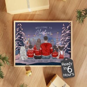 Custom Family Christmas Portrait with Pets, Mom from Daughter, Personalized Holiday Print, Couple Xmas Eve Illustration, Wall Art Decor
