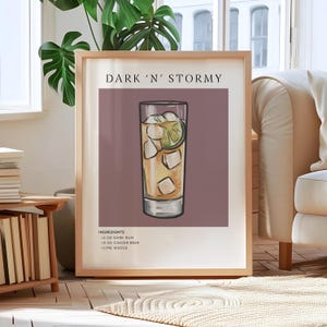 Arte mural con receta de cóctel Dark ‘N’ Stormy: póster de bebida exclusivo, decoración de bar moderna, ilustración de cocina, impresión de bebida personalizable