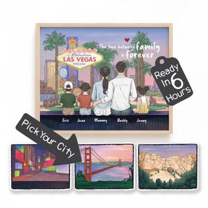 Las Vegas Strip Family Portrait – Custom Vegas Cityscape Illustration, Nevada Souvenir, Romantic Getaway Gift, Christmas Memory Art