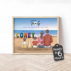 Custom Coney Island Beach Family Portrait with Pets - Christmas Gift - Personalized Coastal Wall Art, Vacation Memory Summer Illustration