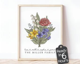 Impression personnalisée de bouquet de fleurs de naissance de famille - Art mural floral du mois de naissance pour les mamans, arbre généalogique, cadeau de Noël pour les parents et les grands-parents