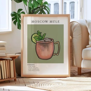 Impresión de receta de Moscow Mule: arte de pared de cóctel minimalista, decoración de bar moderna, póster de bebida de cocina, ilustración de taza de cobre, idea de regalo para bar en casa