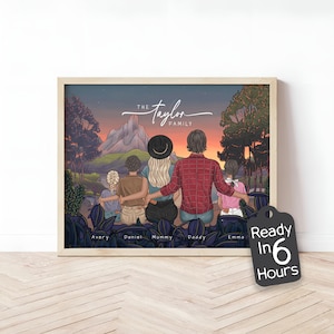Personalized Family Cartoon Portrait Wall Art, Custom Family Illustration with Pets, Unique Nature-Themed Christmas Gift for Parents & Kids
