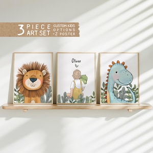 Custom Kids Portrait Set with Lion & Dinosaur | Nursery Wall Art, Baby’s First Christmas Gift, Whimsical Animal Decor for Grandson Room
