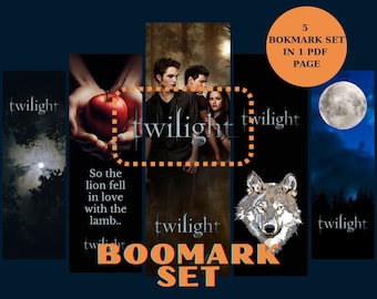 May include: Set of five printable bookmarks featuring the Twilight saga book covers. Each bookmark features a different image from the books, including a wolf, a full moon, a red apple, and a couple. The text "twilight" appears on each bookmark.