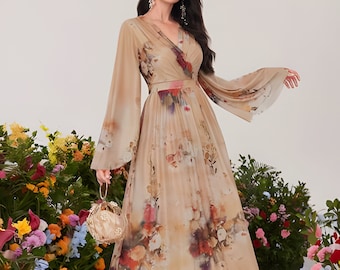 Floral Maxi Dress For Women | Bridesmaid Maxi Dress Women | Bell Sleeve Dress | Long Sleeve Dress | Floral Print Dress | Formal Dress Women