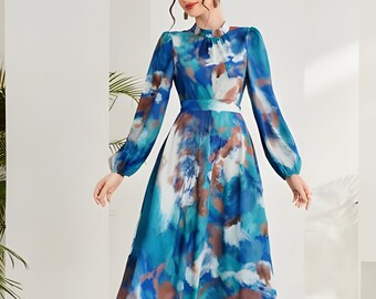 Tie Dye Maxi Dress Women | Summer Dress for women | Flared Maxi Formal Dress  | Full Sleeves Maxidress | Collared Dress | Women Gown Dress