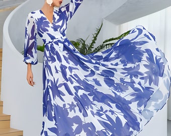 Printed Maxi Formal Dress | Puffy Sleeves | Belted Waist Dress | Long Floral Maxi Dress | Flared Formal Dress | full sleeve dress for women