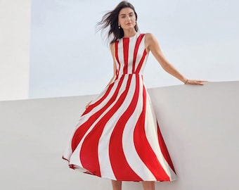 Two tone Flared Dress | women’s casual dress | White and Red Dress | Elegant Dress | Casual Day Dress | Sleeveless dress | Dress for Women