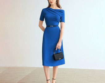 Blauwe formele midi-jurk | Jurk met halve mouwen | Elegante jurk | Feest midi-jurk | Jurk met één schouder | Formele kleding | Jurk met halve mouwen dames
