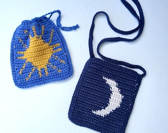 Crochet Pattern - Sun & Moon Squares Motifs - Tapestry Crochet - mini pouch bags - DK - PDF Download