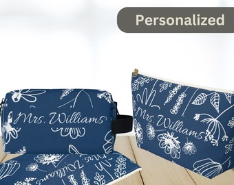 Floral Personalized Wedding Toiletry Bag Bundle Custom Newlywed Gift Idea for Bridesmaids Bundle Gift for Wedding Shower Bridal Party Gift