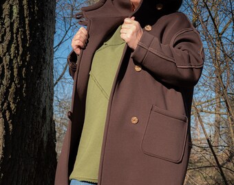 Elegant Chocolate Brown Hooded Wool Coat with Large Buttons, Winter Warmth and Style, Casual Chic Outerwear for Women