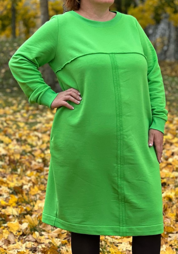 Handmade Plus Size Green Cotton Dress With Pockets | Comfortable Stretch  Tunic for Curvy Women - Etsy