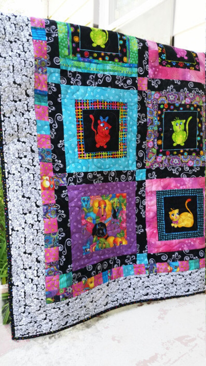 Original Patchwork Quilt, Funny Cats and Silly Dogs image 3